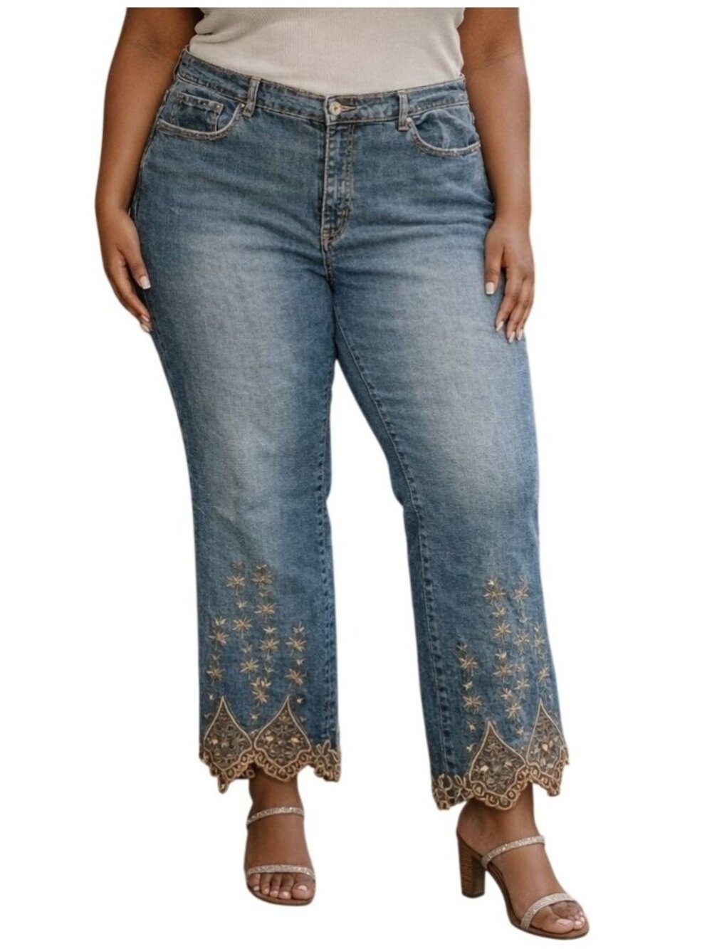 Apollo Jeans Plus Size 23/24 Denim Capri Embroidered Scalloped Hem Stretchy Clas